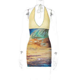 Hugcitar Spring Halter Knitted Backless Mini Dress For Women's