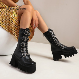 Winter Sexy Buckle Women Mid Calf Boots Leather Block Heel Gothic Black Punk Style Platform Shoes Female Footwear Size 35-42