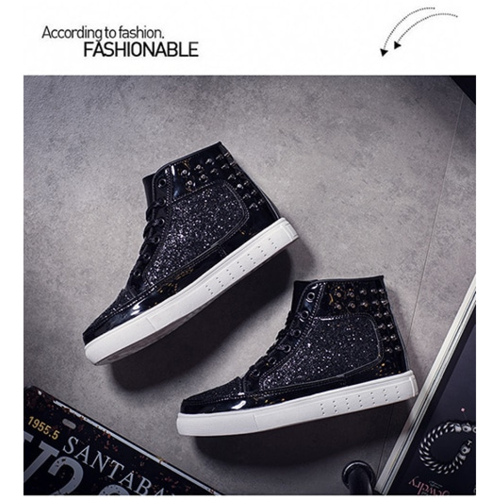 Women High Top Sneakers Sequins Rivet Lurex Glitter High-Cut Round Toe Lace-Up Shoes Outdoor Skateboard Shiny Flat Sneakers 2019