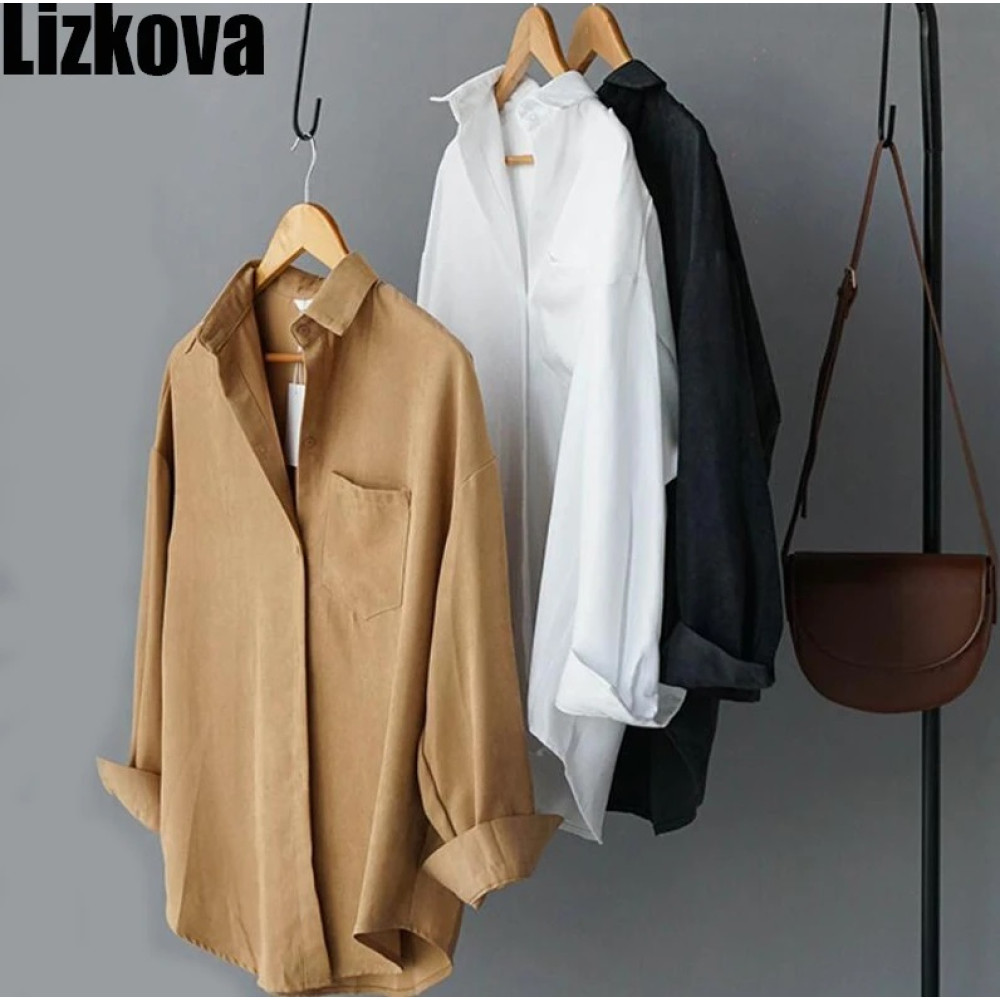 Lizkova White Blouse Women Suede Long Sleeve Formal Shirt