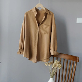 Lizkova White Blouse Women Suede Long Sleeve Formal Shirt
