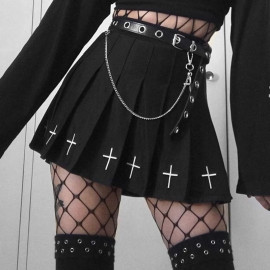 InsGoth High Waist Mini Black Skirts Gothic Streetwear Cross Print Pleated Women Skirts Casual College Lolita Harajuku Skirt
