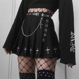 InsGoth High Waist Mini Black Skirts Gothic Streetwear Cross Print Pleated Women Skirts Casual College Lolita Harajuku Skirt