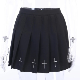 InsGoth High Waist Mini Black Skirts Gothic Streetwear Cross Print Pleated Women Skirts Casual College Lolita Harajuku Skirt