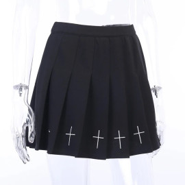 InsGoth High Waist Mini Black Skirts Gothic Streetwear Cross Print Pleated Women Skirts Casual College Lolita Harajuku Skirt