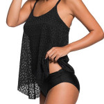 Women Black Tankini Tummy Control Swimwear Tank Top Retro Printed Swimsuit with Boyshorts Two Piece Bathing Suit