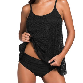 Women Black Tankini Tummy Control Swimwear Tank Top Retro Printed Swimsuit with Boyshorts Two Piece Bathing Suit