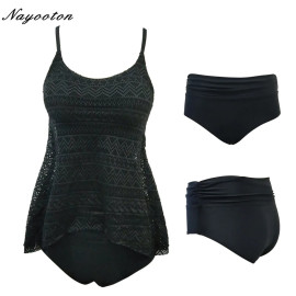 Women Black Tankini Tummy Control Swimwear Tank Top Retro Printed Swimsuit with Boyshorts Two Piece Bathing Suit