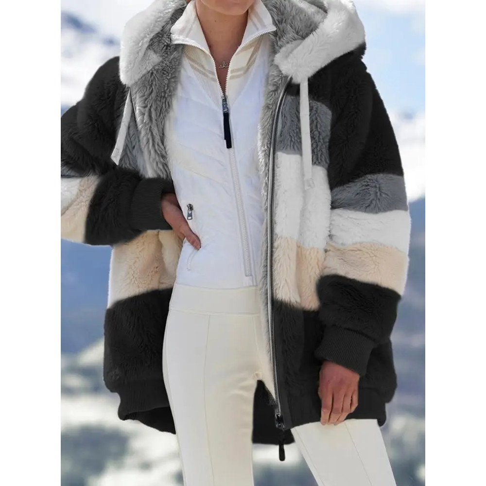 Women's Winter Coat - Casual Stitching Plaid Ladies Hooded Zipper Coat