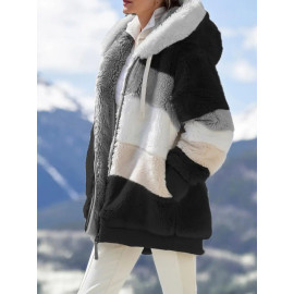 Women's Winter Coat - Casual Stitching Plaid Ladies Hooded Zipper Coat