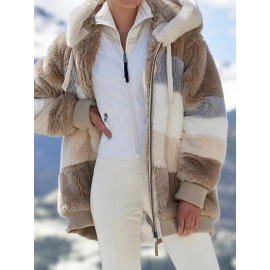 Women's Winter Coat - Casual Stitching Plaid Ladies Hooded Zipper Coat