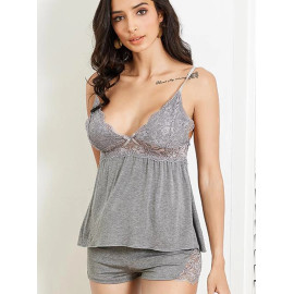 CINOON 2Pcs Plus Size Cotton Pajama Set Sexy Lace Top And Shorts V-Neck Sleeveless Sleepwear Set Camisole Bowknot Shorts Set