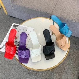 Aneikeh New Mules Women Slipper Summer Square Toe High Heel Ladies Sandal Weave High Quality Stiletto Dress Shoes Slides