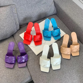 Aneikeh New Mules Women Slipper Summer Square Toe High Heel Ladies Sandal Weave High Quality Stiletto Dress Shoes Slides