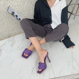 Aneikeh New Mules Women Slipper Summer Square Toe High Heel Ladies Sandal Weave High Quality Stiletto Dress Shoes Slides