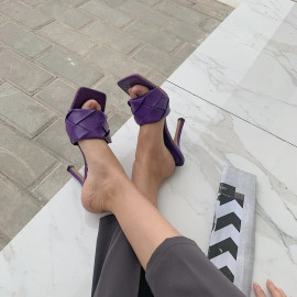 Aneikeh New Mules Women Slipper Summer Square Toe High Heel Ladies Sandal Weave High Quality Stiletto Dress Shoes Slides