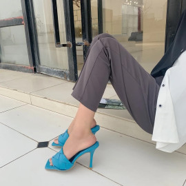 Aneikeh New Mules Women Slipper Summer Square Toe High Heel Ladies Sandal Weave High Quality Stiletto Dress Shoes Slides