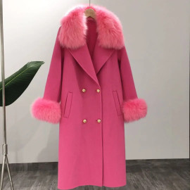 OFTBUY 2020 Real Fur Coat Winter Jacket - Women Natural Fox Fur Collar Cashmere Wool Long Outerwear