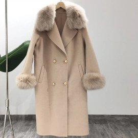 OFTBUY 2020 Real Fur Coat Winter Jacket - Women Natural Fox Fur Collar Cashmere Wool Long Outerwear
