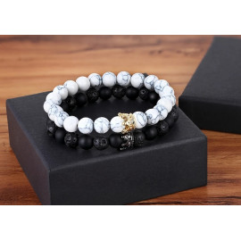 Cool 2pcs/set King Crown Couples Distance Bracelet Natural Stone Beaded Bracelet for Men Women Friend Gift Charm Strand Jewelry