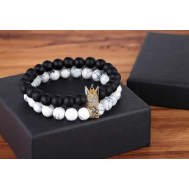 Cool 2pcs/set King Crown Couples Distance Bracelet Natural Stone Beaded Bracelet for Men Women Friend Gift Charm Strand Jewelry