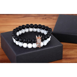 Cool 2pcs/set King Crown Couples Distance Bracelet Natural Stone Beaded Bracelet for Men Women Friend Gift Charm Strand Jewelry