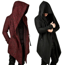 Steampunk Men Gothic Hooded Irregular Red Black Trench Coat