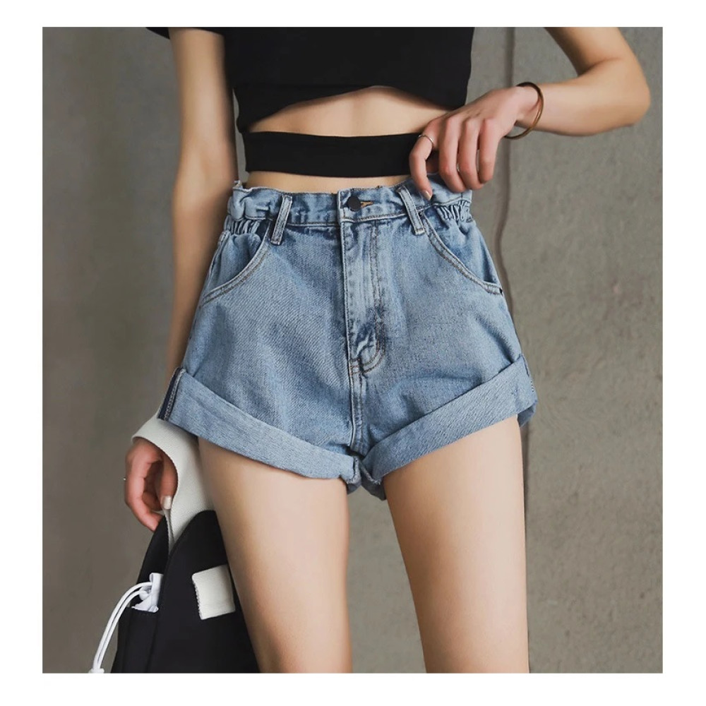 Streamgirl Denim Shorts Women's White Women Short Jeans Khaki Wide Leg Elastic Waist Vintage High Waist Shorts Women Summer