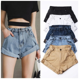 Streamgirl Denim Shorts Women's White Women Short Jeans Khaki Wide Leg Elastic Waist Vintage High Waist Shorts Women Summer