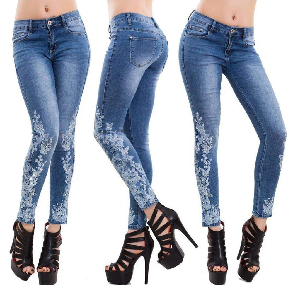 Plus size women embroidery long jeans blue denim pencil pants skinny high waist autumn with pockets streetwear vaqueros mujer