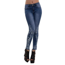 Plus size women embroidery long jeans blue denim pencil pants skinny high waist autumn with pockets streetwear vaqueros mujer