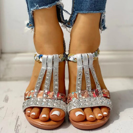  New Wholesale Gladiator Wedge Heels Elastic Band Crystals Summer Women Shoes Woman Sandals Leisure Beach Sandals