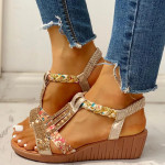  New Wholesale Gladiator Wedge Heels Elastic Band Crystals Summer Women Shoes Woman Sandals Leisure Beach Sandals
