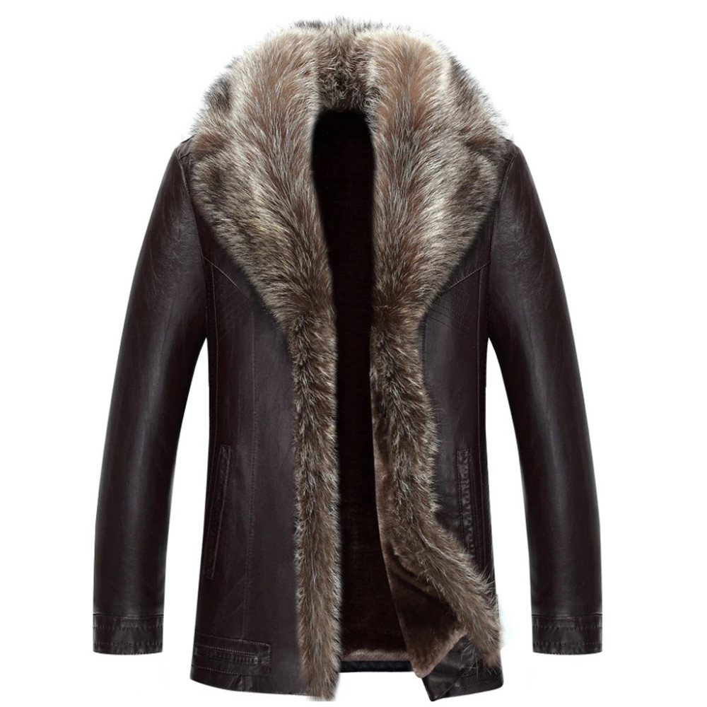Holyrising Real Raccoon Fur Collar Men Faux Leather Jacket