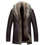 Holyrising Real Raccoon Fur Collar Men Faux Leather Jacket