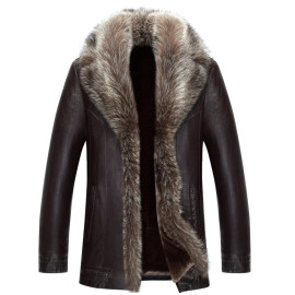 Holyrising Real Raccoon Fur Collar Men Faux Leather Jacket