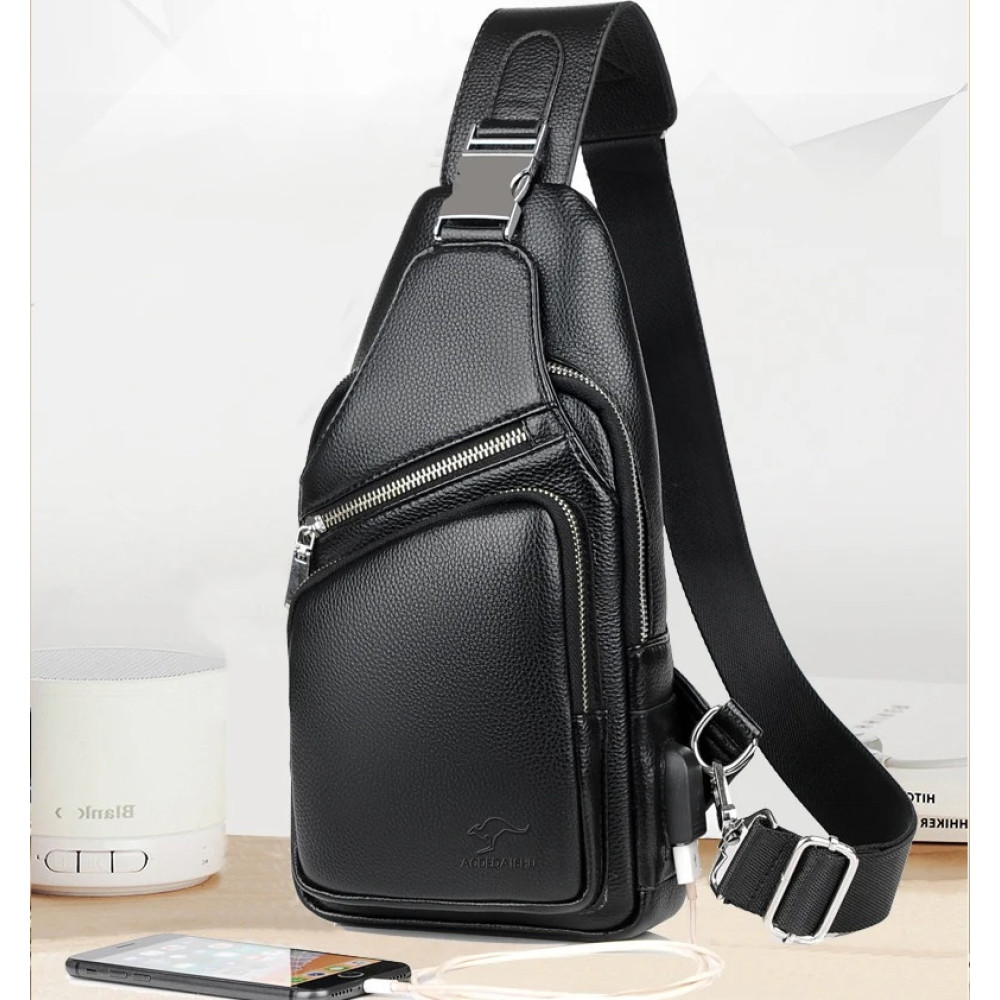 2019 Jackkevin Fashion Mens Shoulder Bag Burglarproof Black Leather Mens Chest Bag USB Charging Crossbody Bags Travel Bag