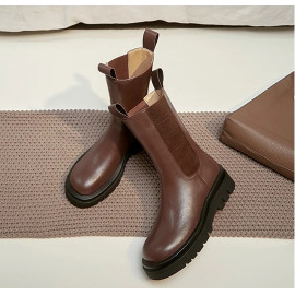 Slip On Boots Women Ankle Chelsea Boots Soft Leather Thick High Heel Autumn Boots Genuine Leather Platform Heels Punk Boots
