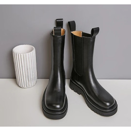 Slip On Boots Women Ankle Chelsea Boots Soft Leather Thick High Heel Autumn Boots Genuine Leather Platform Heels Punk Boots