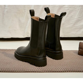 Slip On Boots Women Ankle Chelsea Boots Soft Leather Thick High Heel Autumn Boots Genuine Leather Platform Heels Punk Boots