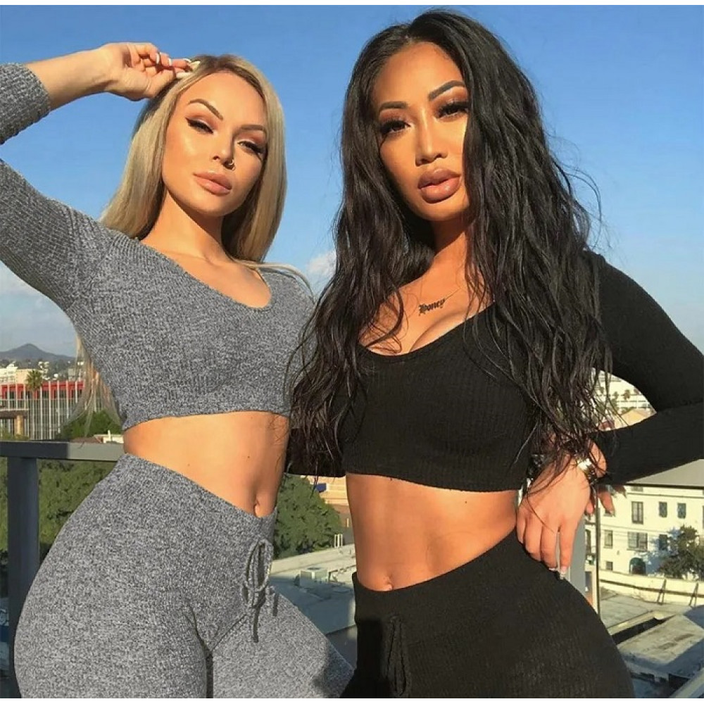 Sexy V Neck Knitted Tracksuit Two Piece Set