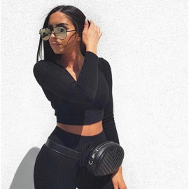 Sexy V Neck Knitted Tracksuit Two Piece Set