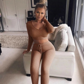 Sexy V Neck Knitted Tracksuit Two Piece Set
