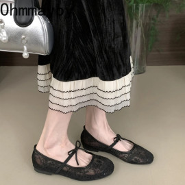 Women's Lace Mary Jane Flats with Butterfly-Knot Detail