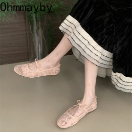Women's Lace Mary Jane Flats with Butterfly-Knot Detail