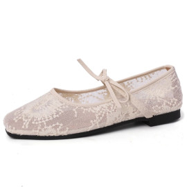 Women's Lace Mary Jane Flats with Butterfly-Knot Detail